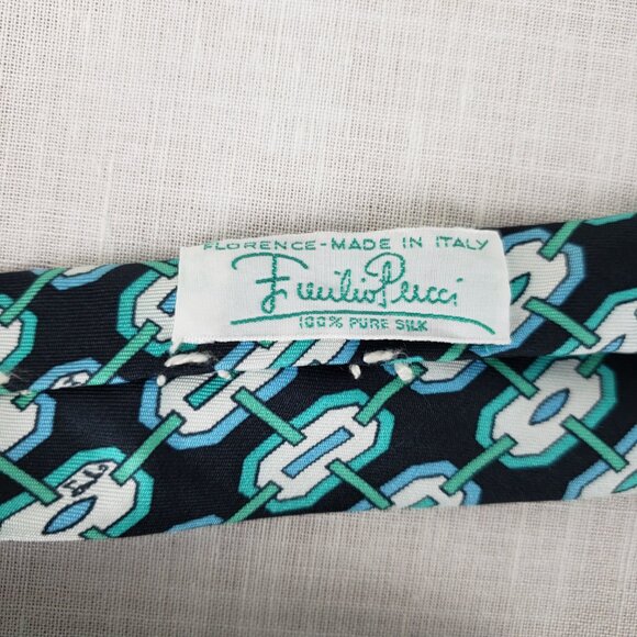Emilio Pucci Silk Tie Black Teal Geometric Vintage Italy Saks Fifth Ave - Picture 6 of 7